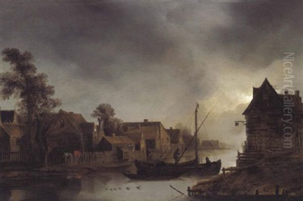 Fluslandschaft Mit Booten Bei Mondschein Oil Painting by Rafael Govaertsz Camphuysen