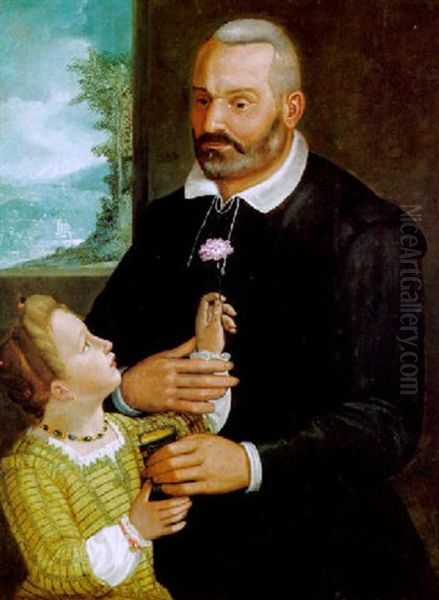 Ein Vater, Der Seiner Tochter Ein Buch Und Dessen Tochter Ihm Eine Rote Nelke Reicht Oil Painting by Antonio Campi