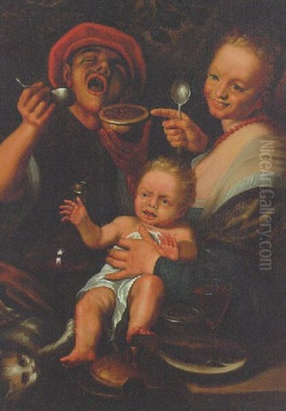 A Peasant Family Eating With A Cat Oil Painting by Antonio Campi