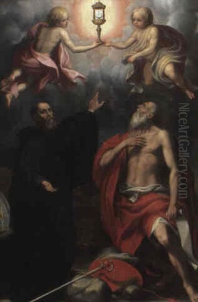 Ss. Bernard And Jerome Adoring The Host Oil Painting by Antonio Campi