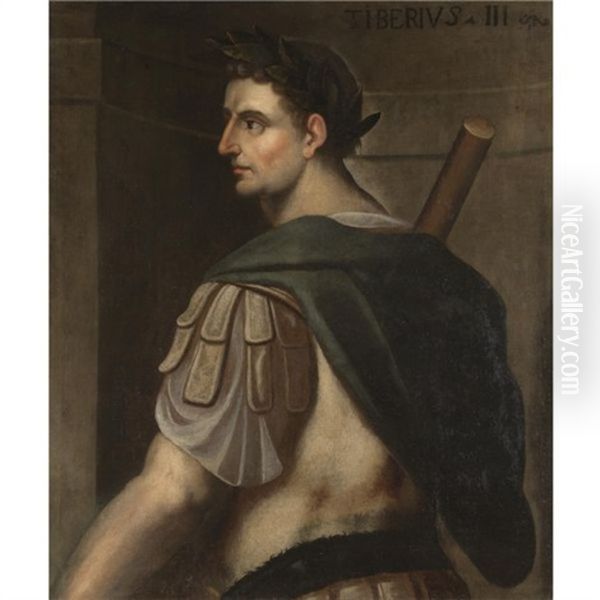 Portrait Of The Emperor Tiberius, Standing, In Profile, Wearing A Laurel Wreath Oil Painting by Bernardino Campi