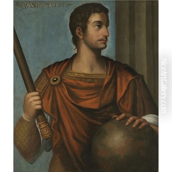 Portrait Of The Emperor Augustus Holding A Baton And Resting His Hand On A Globe Oil Painting by Bernardino Campi