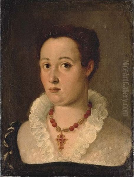 Portrait Of A Lady, Bust-length, In A Silk Black Dress With A White Lace Collar Oil Painting by Bernardino Campi