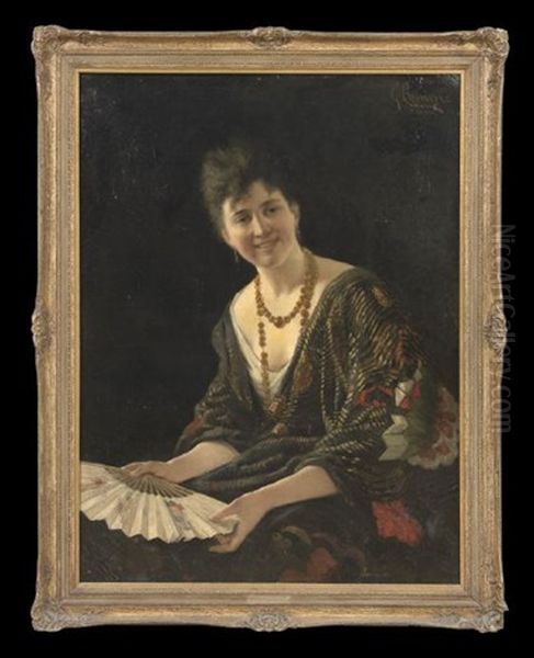 Portrait Of A Woman In A Japanese Kimono, Holding A Fan Oil Painting by Giacomo Campi