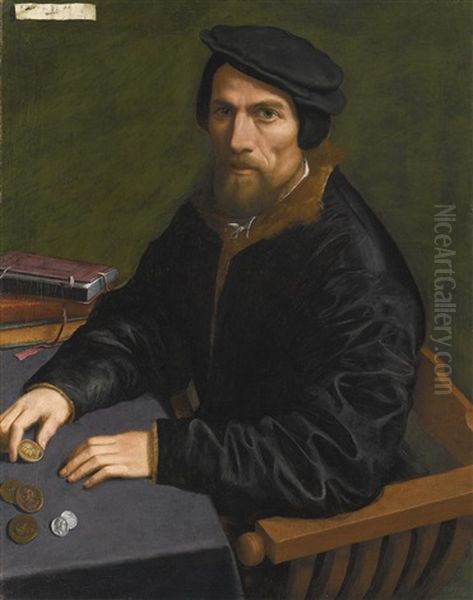 Portrait Of A Gentleman, Possibly A Member Of The Magio Family, Dressed In A Black, Fur-lined Coat And Seated At A Desk With Gold And Silver Coins And A Pile Of Books Oil Painting by Giulio Campi