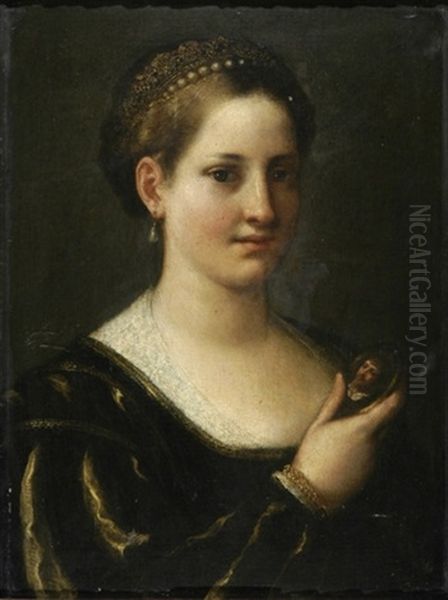 Bildnis Einer Jungen Dame, Eine Miniatur In Handen Haltend Oil Painting by Giulio Campi