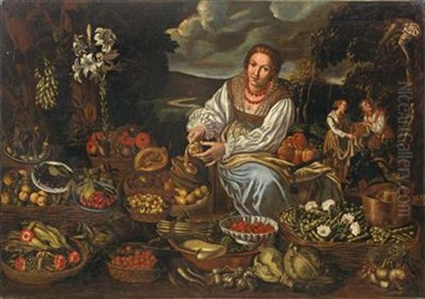 A Fruit And Vegetable Seller, Surrounded By Her Wares (collaboration With Workshop) Oil Painting by Vincenzo Campi