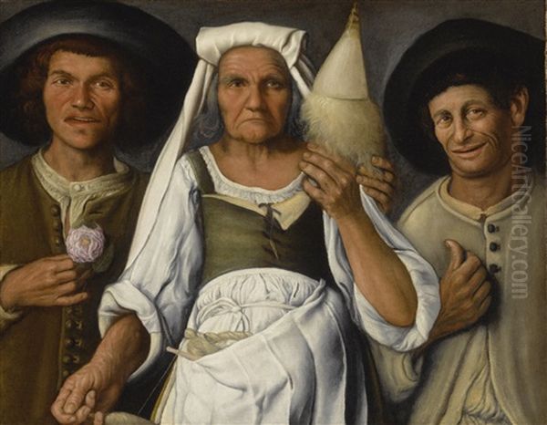 An Old Peasant Woman With A Distaff And Spindle Flanked By Two Male Peasants Oil Painting by Vincenzo Campi