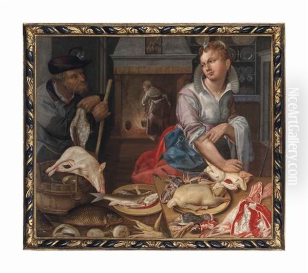 A Kitchen Interior With A Maid, Game, Meat And Fish With A Huntsman Oil Painting by Vincenzo Campi