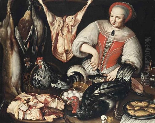 A Kitchen Maid Cleaning A Fish With Poultry, Meat, Eggs And A Cat On A Table Oil Painting by Vincenzo Campi