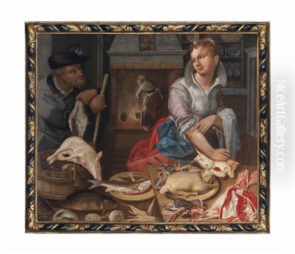 A Kitchen Interior With A Maid, Game, Meat And Fish With A Huntsman Oil Painting by Vincenzo Campi