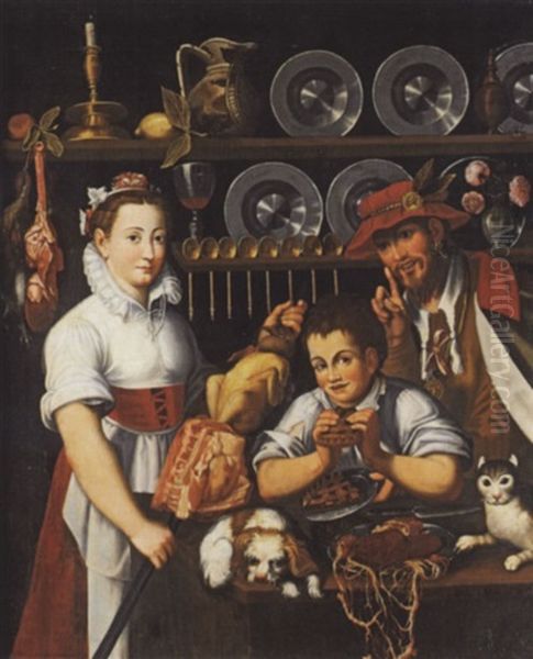 Kucheninterieur Mit Drei Figuren, Hund Und Katze Oil Painting by Vincenzo Campi