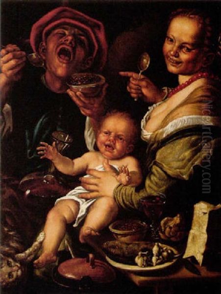 A Merry Peasant Couple Eating From A Bowl Of Beans, The Woman Holding A Crying Baby With A Cat Scratching Its Leg Oil Painting by Vincenzo Campi