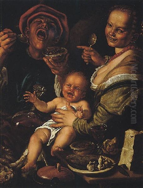 A Merry Peasant Couple Eating From A Bowl Of Beans, The Woman Holding A Crying Baby With A Cat Scratching Its Leg Oil Painting by Vincenzo Campi