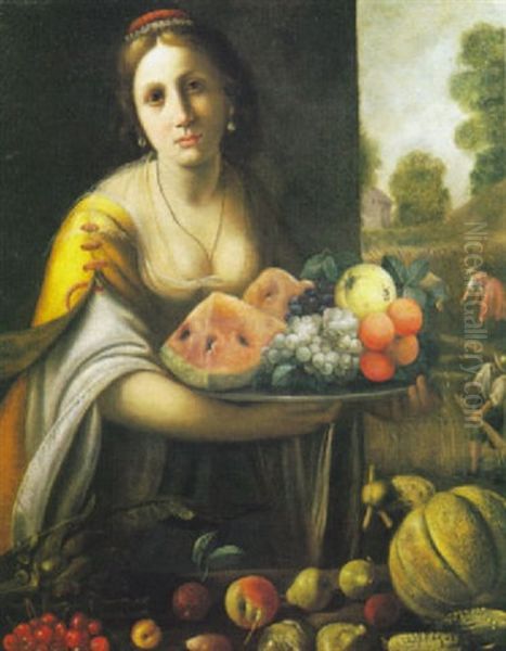 Donna Con Piatto Di Frutta, Paesaggio Con Agricoltori Oil Painting by Vincenzo Campi