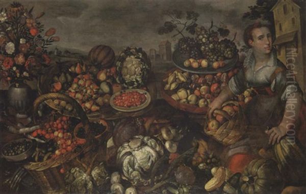 A Woman Selling Apples, Plums, Pears, Other Fruits, Mushrooms, Cabbages, Other Vegetables, Vase Of Flowers, A Landcsape Beyond Oil Painting by Vincenzo Campi