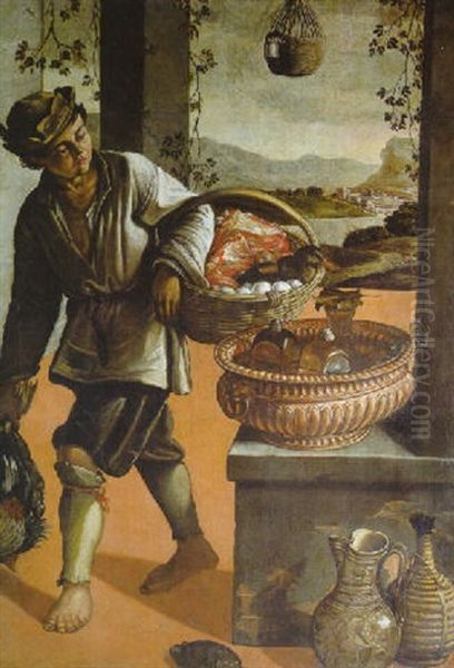 A Peasant Boy Carrying A Basket Of Eggs, Meat And A Duck, A Landscape Beyond Oil Painting by Vincenzo Campi