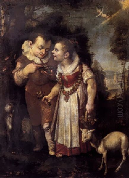 A Wooded Landscape With A Boy Showing A Girl Adorned With Flowers A Bird's Nest by Vincenzo Campi