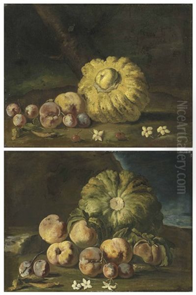 Melons, Peaches And Plums (+ A Melon, Peaches, Plums And Cherries, On A Forest Floor; Pair) Oil Painting by Michelangelo di Campidoglio