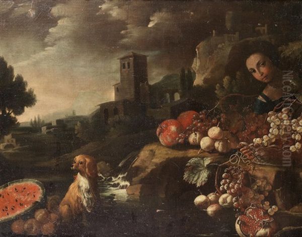 A Fruit Seller With A Dog Beside A Waterfall, A Town Beyond by Michelangelo di Campidoglio