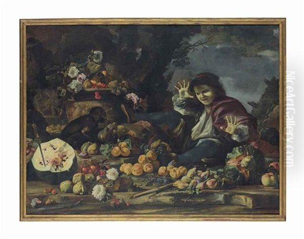 Roses, Peaches, Apples And Melons On A Rocky Ledge, In A Wooded Landscape, With A Young Boy Startled By A Monkey Oil Painting by Michelangelo di Campidoglio