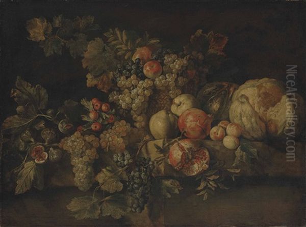 A Melon, Pomegranates, Grapes, Quinces, Apples And Other Fruit On A Stone Ledge Oil Painting by Michelangelo di Campidoglio