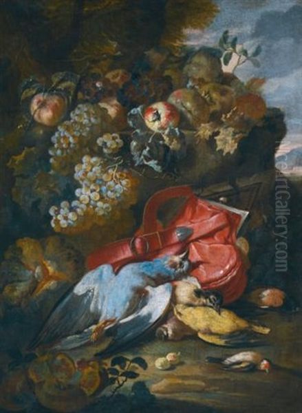 Still Life With A Pigeon, A Great Spotted Woodpecker, A Goldfinch, And A Melon, Grapes And Other Fruit In A Landscape Oil Painting by Michelangelo di Campidoglio