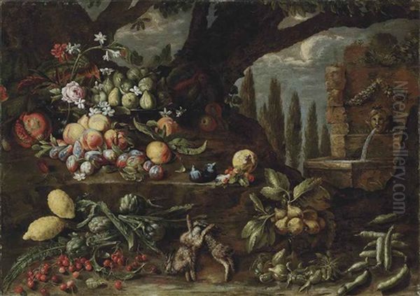 Roses, Carnations, Lilies, Figs, Peaches, Plums, Lemons, Artichokes, Cherries, Other Fruit And Two Dead Hares In A Wooded Clearing, By A Fountain Oil Painting by Michelangelo di Campidoglio