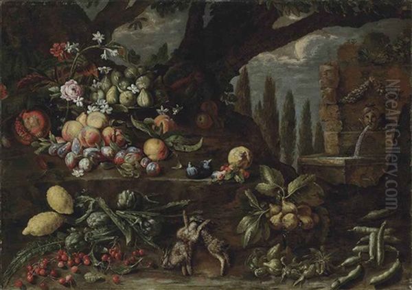 Roses, Carnations, Lilies, Figs, Peaches, Plums, Lemons, Artichokes, Cherries, Other Fruits And Two Dead Hares In A Wooded Clearing, By A Fountain Oil Painting by Michelangelo di Campidoglio