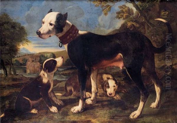 Une Chienne Et Ses Petits Sur Fond De Paysage Oil Painting by Michelangelo di Campidoglio