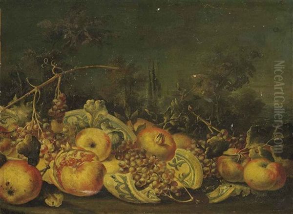 Grapes, Pomegranates, Apples And A Broken Vase In A Landscape Oil Painting by Michelangelo di Campidoglio