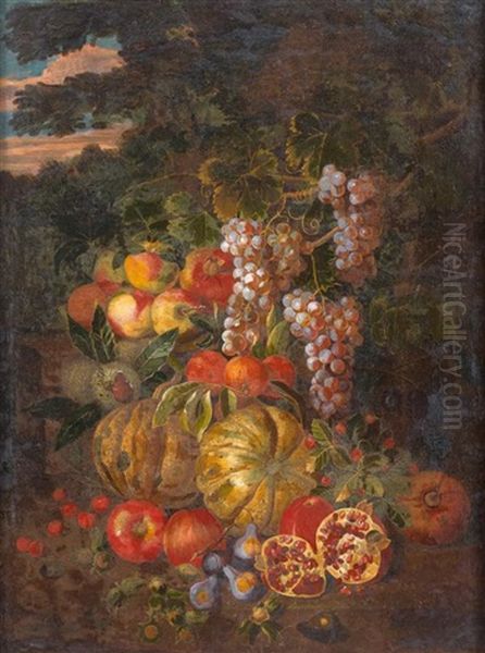 Nature Morte Aux Raisins, Grenades Et Melons D'eau Dans Un Paysage Au Crepuscule Oil Painting by Michelangelo di Campidoglio