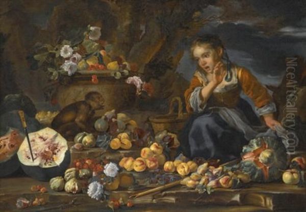 Still Life Of Watermelons, Apples, Figs, Pomegranates, Flowers And Peaches, With A Young Girl Startled By A Monkey Oil Painting by Michelangelo di Campidoglio