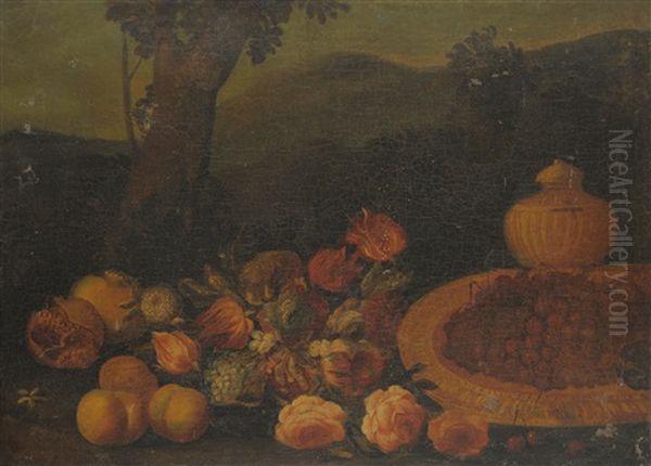 Still Life Of Fruit, Flowers And Other Objects Beside A Tree Oil Painting by Michelangelo di Campidoglio