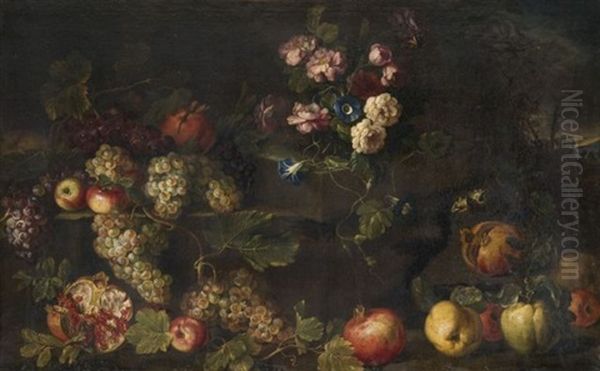 Nature Morte Au Bouquet De Fleurs, Raisins, Pommes, Poires Et Grenades Dans Un Paysage Oil Painting by Michelangelo di Campidoglio