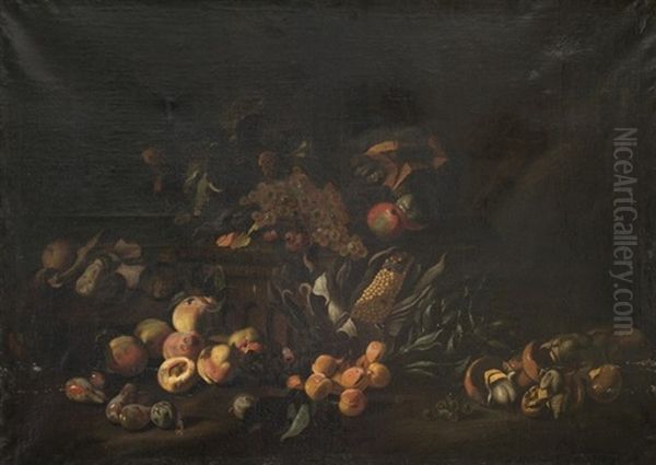 Nature Morte Aux Champignons, Epis De Mais Et Fruits Oil Painting by Michelangelo di Campidoglio