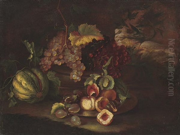 Grapes On The Vine, Peaches, Figs, Pears And A Melon, By A Column, In A Landscape Oil Painting by Michelangelo di Campidoglio