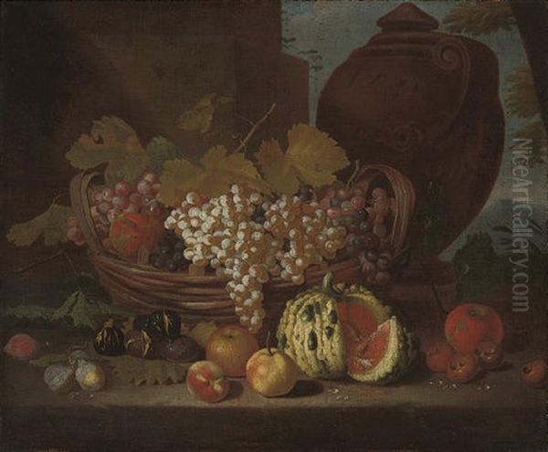 Red And White Grapes On The Vine In A Basket, With Peaches, Figs, Plums And A Mellon On A Stone Ledge Oil Painting by Michelangelo di Campidoglio