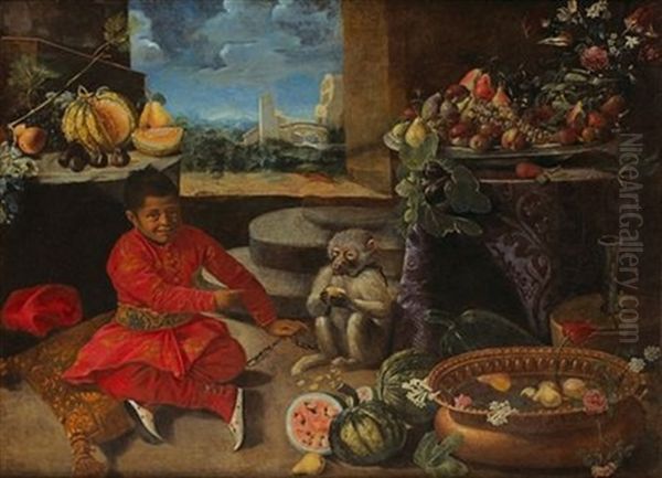 Nature Morte De Fruits Sur Des Entablements Avec Un Page Et Son Petit Singe Oil Painting by Michelangelo di Campidoglio