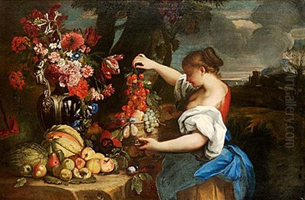 Kvinnofigur Med Frukt- Och Blomsterstilleben Oil Painting by Michelangelo di Campidoglio