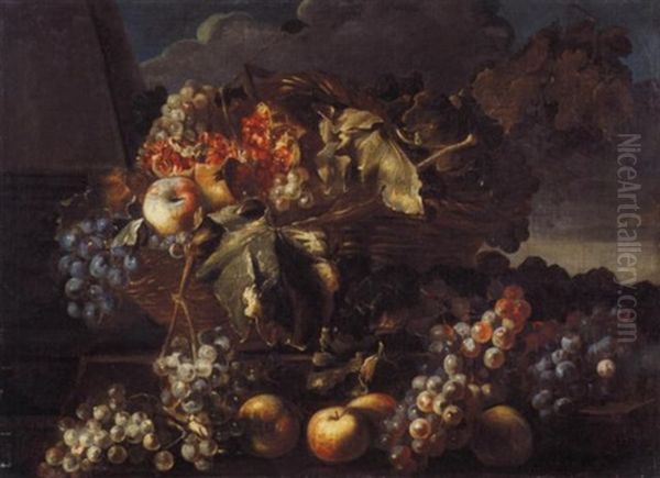 Natura Morta Di Frutta Con Uva, Melograni E Mele Oil Painting by Michelangelo di Campidoglio