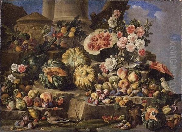 Still Life Of Fruit And Flowers On A Stone Ledge With Birds And A Monkey Oil Painting by Michelangelo di Campidoglio