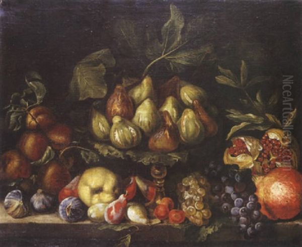 Nature Morte A La Coupe De Figues Et Fruits Sur Un Entablement Oil Painting by Michelangelo di Campidoglio