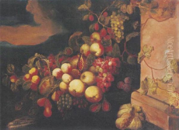 Peaches, Apples, Grapes, Melons, Figs And Plums By A Plinth In A Clearing Oil Painting by Michelangelo di Campidoglio