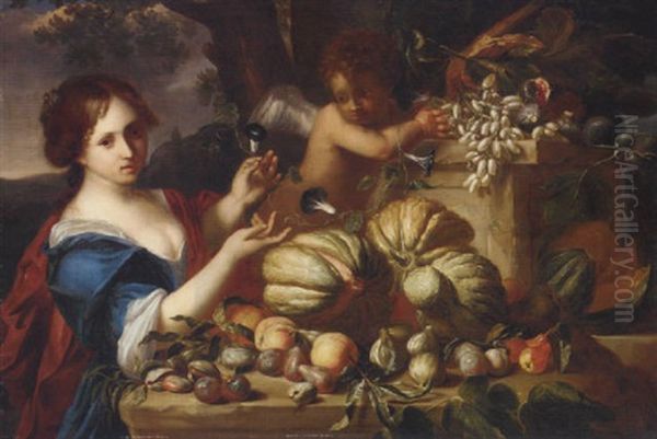 Melons, Grapes, Plums, Peaches, Pears, Figs And Pomegranates On A Ledge, With A Lady In A Blue Dress And A Putto Oil Painting by Michelangelo di Campidoglio