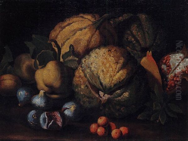 Figs, Melons, Pomegranates And Other Fruit On A Ledge Oil Painting by Michelangelo di Campidoglio