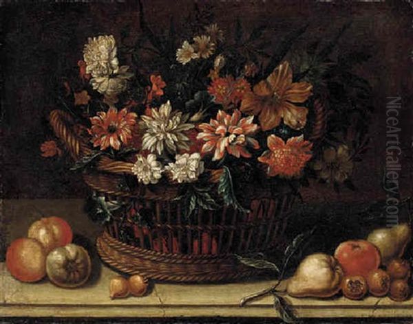 Flowers In A Wicker Basket With Pears, Onions And Apples On A Stone Ledge by Michelangelo di Campidoglio