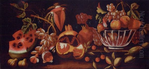 A Watermelon, Grapes, Figs And A Bowl With Peaches And Other Fruit On A Ledge Oil Painting by Michelangelo di Campidoglio