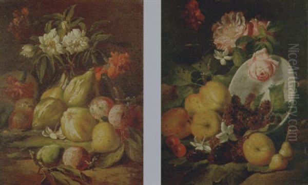 Fichi, Prugne E Fiori In Un Vaso Su Un Piano Di Pietra Oil Painting by Michelangelo di Campidoglio