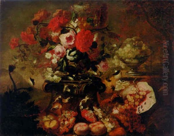 Still Life Of Mixed Flowers In An Urn On A Pedestal With Fruit And A Bowl Of Grapes In A Landscape Oil Painting by Michelangelo di Campidoglio